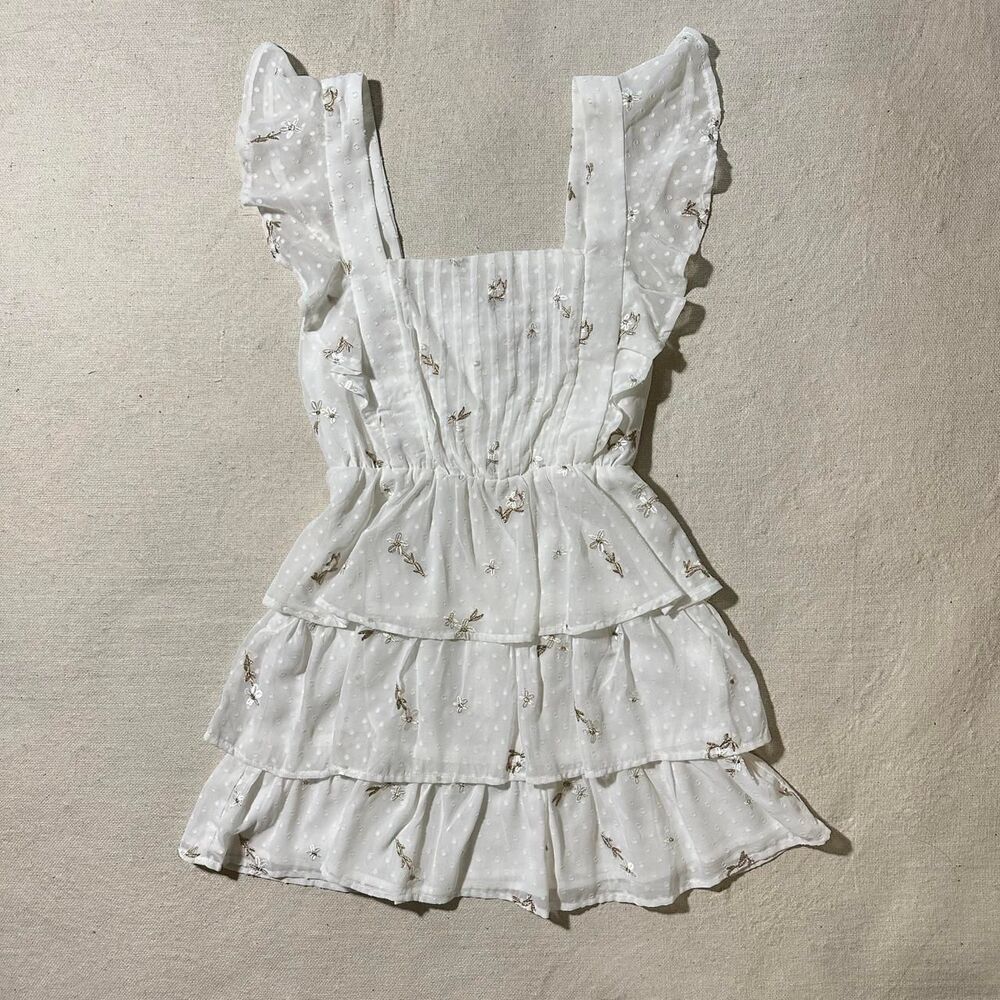 Adelyn Rae Women's XS White Gold Embroidered Swiss Dot Tiered Ruffle Mini Dress
